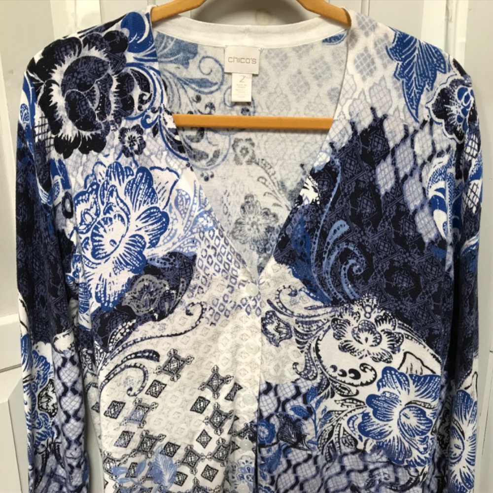 Chico's Blue and White Floral Button Down Cardigan - Picture 5 of 14